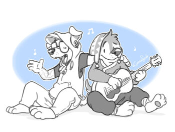 Rule 34 | 2boys, animal crossing, animal ears, animal nose, artist name, bodi (rock dog), closed eyes, commentary, dog boy, dog ears, dog tail, earrings, eclipticafusion, english commentary, furry, furry male, guitar, hood, hood up, hooded jacket, instrument, jacket, jewelry, k.k. slider (animal crossing), looking at another, male focus, monochrome, multiple boys, music, musical note, nintendo, partially colored, pawpads, playing guitar, playing instrument, rock dog, singing, sitting, sleeveless, sleeveless jacket, smile, tail, tail wagging, white jacket, yaoi