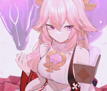 1girl bare_shoulders book breasts closed_mouth detached_sleeves falling_petals genshin_impact hair_between_eyes hair_flaps hair_ribbon large_breasts long_hair long_sleeves nontraditional_miko open_book petals pink_hair purple_eyes reading ribbon ribbon-trimmed_sleeves ribbon_trim smile spirit tsuchi_(sh_spica1) upper_body white_background white_sleeves wide_sleeves yae_miko yellow_ribbon