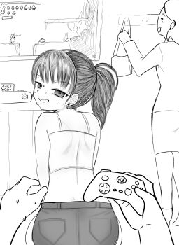 1boy 2girls ass blush controller denim ecchiartistidk female_focus flat_color game_console game_controller hollow_knight implied_incest jeans loli looking_at_viewer looking_back medium_hair multiple_girls pants ponytail pov sitting sitting_on_lap sitting_on_person smug sweat sweatdrop tagme television uohhhhhhhhh!_(meme) video_game