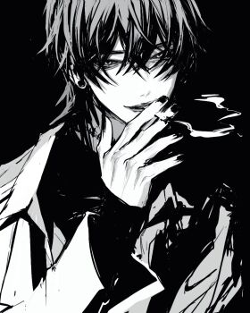 1boy black_background cigarette crossed_bangs earrings greyscale hair_between_eyes hand_up holding holding_cigarette jacket jewelry long_sleeves looking_at_viewer male_focus monochrome original parted_lips simple_background smile smoke smoking solo stud_earrings teeniika upper_body