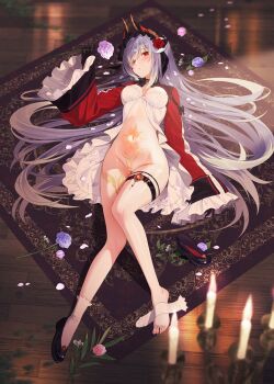 Rule 34 | 1girl, absurdres, artist request, black gloves, black shoes, blue hair, breasts, candle, candlestand, clothing request, commentary request, eyes visible through hair, flower, full body, gem, gloves, hair flower, hair ornament, highres, holding, holding flower, horns, indoors, jewelry, lady draco (draco), leg tattoo, long hair, long sleeves, looking at viewer, lying, medium breasts, multicolored horns, navel, on back, original, puffy long sleeves, puffy sleeves, red gem, rug, shoes, sleeves past wrists, socks, solo, stomach, stomach tattoo, tattoo, thighlet, unworn shoes, unworn socks, very long hair, white socks, wooden floor