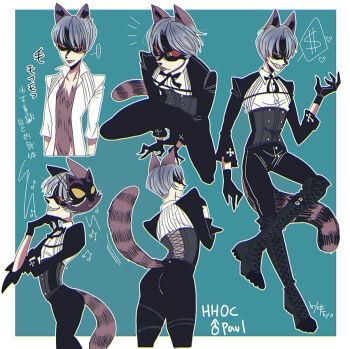 1_boy animal_ears animal_tail_(mochimochipudding) bad_tag black_boots black_gloves black_jacket black_pants blue_hair boots commentary_request cross dress gloves heart_inside_ears jacket kyo(kyo5247386_kt) long_sleeves male_focus middle_part non-web_source original pants raccoon_ears raccoon_tail red_eyelids shirt short_hair simple_background smile solo tail white_shirt yellow_eyes