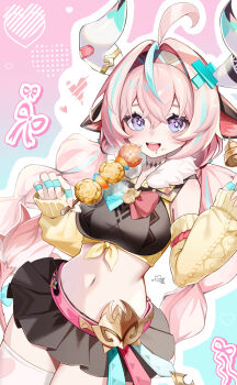 1girl absurdres ahoge animal_ears belt braid cow_ears cow_horns detached_sleeves ear_bell eating food food_on_face genshin_impact hairband heart highres holding holding_skewer horns midriff miniskirt navel pink_belt pink_hair purple_eyes signature single_thighhigh skewer skirt thighhighs twin_braids varesa_(genshin_impact) yuru_mocharu
