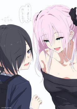 1boy 1girl :d absurdres backpack bag bare_shoulders black_dress black_hair black_scrunchie blazer blue_jacket breasts collarbone dress eyes_visible_through_hair flying_sweatdrops green_eyes hair_between_eyes hair_intakes hair_ornament hair_over_one_eye hair_scrunchie half-closed_eyes highres jacket medium_breasts misaki_nonaka off-shoulder_dress off_shoulder open_mouth original pink_hair purple_eyes scrunchie simple_background smile translation_request twintails white_background