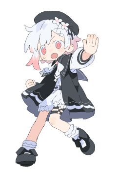 1girl belt beret black_hat black_jacket black_shoes bobby_socks brooch clenched_hand d.y.x. flower full_body gradient_hair hair_flower hair_ornament hat jacket jaggy_lines jewelry long_sleeves looking_at_viewer mahou_shoujo_no_majo_saiban multicolored_hair neck_ribbon open_mouth outstretched_arm pink_eyes pink_hair ribbon sakuraba_ema shirt shoes short_hair shorts simple_background sleeveless sleeveless_jacket small_sweatdrop socks solo standing standing_on_one_leg stop_(gesture) thigh_strap v-shaped_eyebrows white_background white_flower white_hair white_ribbon white_shirt white_shorts