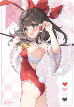 1girl absurdres alternate_costume animal_ear_hairband animal_ears armpits arms_up ascot ass black_eyes black_hair blush bow breasts checkered_background chest_sarashi collar commentary_request cowboy_shot detached_collar detached_sleeves fake_animal_ears fake_tail frilled_collar frilled_hair_tubes frilled_leotard frills from_side gohei hair_bow hair_tubes hairband hakurei_reimu half_updo heart highres holding holding_gohei inset_border leotard long_hair long_sleeves looking_at_viewer open_mouth playboy_bunny rabbit_ear_hairband rabbit_ears rabbit_tail red_bow red_leotard sarashi shadow small_breasts smile spoken_blush standing tail touhou turning_head wheat_retzel white_collar white_sleeves wide_sleeves yellow_ascot zoom_layer
