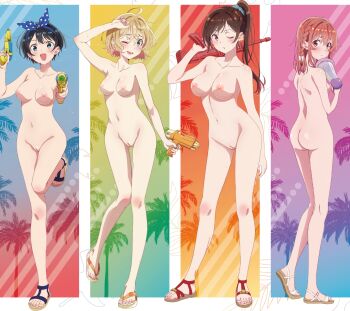 4girls arm_up ass black_hair blonde_hair bow braid breasts brown_eyes brown_hair cleavage cleft_of_venus completely_nude dot_nose feet female_focus flip-flops full_body gluteal_fold green_eyes hair_bow hair_ornament hairband hand_up highres kanojo_okarishimasu large_breasts leg_lift legs legs_apart legs_together looking_at_viewer medium_breasts mizuhara_chizuru multiple_girls nanami_mami navel nipples nude nude_filter pink_eyes pink_hair polka_dot ponytail pussy sakurasawa_sumi sandals sarashina_ruka shiny_skin short_hair standing take_your_pick thigh_gap thighs third-party_edit toes water_gun wet white_bow