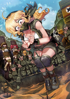 3girls 6+boys bandana bdsm black_panties blonde_hair bondage boots bound bound_ankles bound_arms bound_wrists breasts brown_eyes brown_hair captured clothing_cutout day defeat explosive fio_germi gagged green_vest highres hip_vent imminent_death kaneeru kasamoto_eri knee_pads looking_down metal_slug military_uniform mine_(weapon) multiple_boys multiple_girls nadia_cassel outdoors panties panty_peek peril prisoner_of_war_(metal_slug) rebel_soldier_(metal_slug) red_hair sand shorts snk underwear variant_set vest