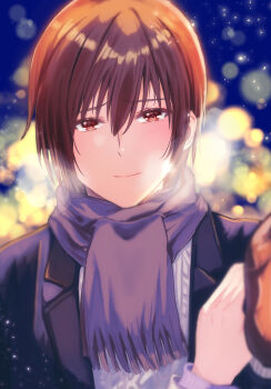 Rule 34 | 1boy, 1girl, a-chan (little busters!), absurdres, alternate costume, backlighting, black jacket, blurry, blush, breath, brown eyes, brown hair, christmas, closed mouth, commentary request, depth of field, female pov, furrowed brow, hair between eyes, hetero, highres, jacket, light particles, little busters!, looking at viewer, male focus, miiizuno lbs, natsume kyousuke, night, open clothes, open jacket, outdoors, pov, pov hands, purple scarf, scarf, short hair, smile, solo focus, straight-on, tsurime, upper body, winter, winter clothes