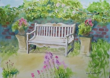 Rule 34 | bench, brick wall, bush, column, flower, highres, monsisiro411823, no humans, original, painting (medium), park, pillar, pink flower, plant, potted plant, purple flower, traditional media, watercolor (medium), wooden bench