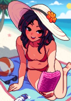 1girl arm_support artist_self-insert barefoot beach bikini black_eyes black_hair blue_sky blurry blush breasts cloud collarbone commentary depth_of_field english_commentary food highres holding holding_food holding_ice_cream horizon ice_cream long_hair looking_at_viewer medium_breasts navel open_mouth palm_tree pixel_art red_bikini side-tie_bikini_bottom sky solo sun sunglasses swimsuit tree unworn_eyewear water yumykon yumykon_(yumykon) yumyverse