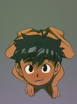 1boy all_fours anonanim ass black_eyes black_hair commentary completely_nude dark-skinned_male dark_skin dimitri_florez_(anonanim) english_commentary from_below full_body grey_background highres looking_at_viewer male_focus mole mole_under_eye nude open_mouth original pov shota simple_background smile solo