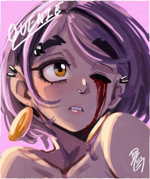 1girl absurdres bare_shoulders blood bloody_tears border collarbone commentary dilan_griz ear_piercing earrings english_commentary eye_socket eyebrow_piercing face_piercing highres jewelry looking_up missing_eye nose nose_piercing one_eye_closed orange_eyes original parted_bangs piercing pink_background portrait purple_hair queen_(dilan_griz) short_hair solo white_border