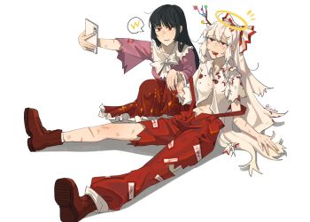 Rule 34 | 2girls, artist name, black hair, blood, blood from mouth, blood on clothes, boots, bow, bowtie, cellphone, collar, flying nimbus, frilled skirt, frills, fujiwara no mokou, hair bow, hand grab, highres, holding, holding phone, houraisan kaguya, long hair, louka, multiple girls, open mouth, pants, phone, pink shirt, red boots, red eyes, red pants, red skirt, selfie, shirt, shoe soles, skirt, smartphone, speech bubble, suspender pants, taking picture, torn clothes, touhou, white bow, white bowtie, white collar, white hair, white shirt