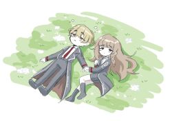 Rule 34 | 1boy, 1girl, artist self-insert, black suit, blonde hair, brown hair, couple, formal, from above, full body, hetero, holding hands, limbus company, long hair, necktie, on grass, open mouth, original, project moon, red necktie, saccharhythm, short hair, shorts, sinclair (project moon), suit, yellow eyes