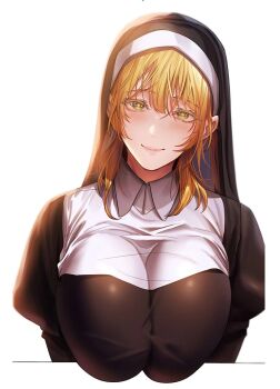 1girl black_dress blonde_hair blush breasts closed_mouth dress habit hair_between_eyes hplay huge_breasts large_breasts lips long_hair long_sleeves looking_at_viewer nun puffy_sleeves simple_background smile solo traditional_nun upper_body white_background yellow_eyes