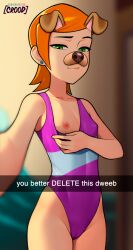 1girl animal_ears artist_name ben_10 blurry blurry_background breasts closed_mouth collarbone commentary cowboy_shot dog_ears animal_nose earrings english_commentary english_text green_eyes gwen_tennyson highres indoors jewelry loli loodncrood looking_at_viewer nipples one-piece_swimsuit orange_hair purple_one-piece_swimsuit short_hair small_breasts snapchat solo swimsuit toon_(style)