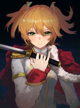 1girl arm_at_side aruto2498 black_background blonde_hair blue_background blush closed_mouth commentary_request daiba_nana epaulettes fur-trimmed_jacket fur_trim green_eyes green_ribbon hair_between_eyes hair_ribbon hand_up highres holding holding_sword holding_weapon jacket jacket_on_shoulders katana light_particles long_sleeves looking_at_viewer red_jacket ribbon short_hair short_twintails shoujo_kageki_revue_starlight solo sword twintails two-tone_background upper_body v-shaped_eyebrows weapon white_jacket