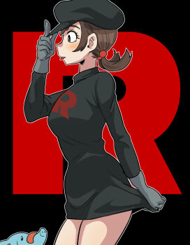 1girl absurdres black_hat brown_eyes brown_hair cowboy_shot dinoyhs gen_2_pokemon gloves grey_gloves hat highres lyra_(pokemon) nintendo outline phanpy pokemon pokemon_(creature) pokemon_hgss skirt_hold solid_oval_eyes team_rocket team_rocket_uniform tongue tongue_out white_outline