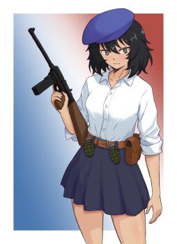 1girl absurdres andou_(girls_und_panzer) assault_rifle belt black_hair blue_hat blue_skirt blush breasts brown_belt brown_eyes clockworklegacy closed_mouth dark-skinned_female dark_skin explosive girls_und_panzer gradient_background grenade gun hat highres large_breasts long_sleeves looking_at_viewer makrykano_m1943 mas-38 pleated_skirt rifle shirt skirt solo submachine_gun two-tone_background weapon white_shirt
