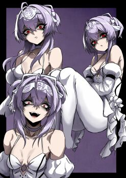 1girl ahoge bare_shoulders breasts detached_sleeves frills goddess_of_victory:_nikke hair_intakes highres leotard liberalio_(nikke) looking_at_viewer medium_breasts nagainegi pantyhose purple_hair red_eyes sleeves_past_fingers sleeves_past_wrists solo white_leotard white_pantyhose