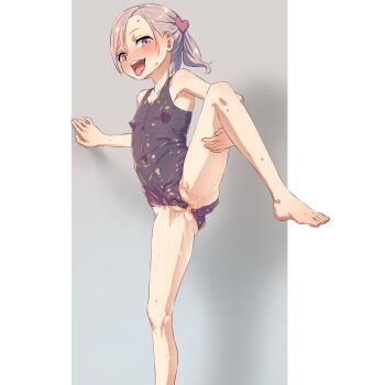 1girl anus anus_peek barefoot blush covered_erect_nipples feet female_focus grey_hair hair_ornament heart heart_hair_ornament highres insertion_clothing loli looking_at_viewer naughty_face original partially_visible_vulva purple_eyes pussy_juice solo split standing standing_on_one_leg standing_split swept_bangs toes tongue tongue_out twintails wet yamada_(gotyui)