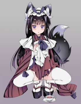 1futa animal_ears apron black_hair blush bulge cum cum_in_clothes cum_in_container cum_in_cup cum_on_clothes cum_on_food cum_through_clothes cup erection erection_under_clothes fox_ears fox_tail futanari long_hair looking_at_viewer maid maid_apron maid_headdress original platform_clogs platform_sandals purple_eyes sandals simple_background solo squatting tail teacup thighhighs transpot_nonoko white_thighhighs