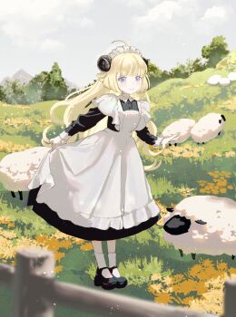 1girl absurdres apron black_shoes blonde_hair blue_eyes fence full_body highres hololive horns long_hair maid maid_apron maid_headdress nekory outdoors sheep sheep_girl sheep_horns shoes smile socks solo standing tree tsunomaki_watame white_socks
