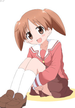 Rule 34 | 1girl, absurdres, azumanga daiou, blush stickers, brown eyes, brown hair, brown shoes, cynical (llcbluckg c004), dot nose, highres, knees up, loafers, looking at viewer, mihama chiyo, open mouth, pink shirt, pleated skirt, sailor collar, school uniform, shirt, shoes, sitting, skirt, socks, solo, twintails, white sailor collar, white socks