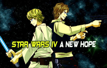 2boys animification back-to-back blaster_(star_wars) blonde_hair blue_eyes brown_hair copyright_name energy_sword grin gun han_solo handgun lightsaber luke_skywalker multiple_boys shin_c_z short_hair smile space star_wars star_wars:_a_new_hope sword weapon