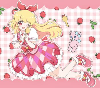 1girl ;d aikatsu! aikatsu!_(series) blonde_hair bow bow_hairband cha_(ntrikti) food fruit full_body hair_bow hairband hands_up highres holding holding_spoon hoshimiya_ichigo idol_clothes layered_skirt long_hair looking_at_viewer one_eye_closed open_mouth outline pink_background pink_shoes pink_skirt pink_vest puffy_short_sleeves puffy_sleeves red_bow red_eyes red_hairband shamoji shirt shoes short_sleeves skirt smile socks solo spoon strawberry stuffed_animal stuffed_toy teddy_bear vest white_outline white_shirt white_socks