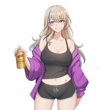 1girl absurdres alcohol alternate_costume beer beer_can black_shorts black_tank_top blonde_hair blue_eyes blue_hair breasts can casual centauri-d cleavage commentary commission cowboy_shot dolphin_shorts drink_can earrings english_commentary grin highres holding holding_can honkai:_star_rail honkai_(series) jacket jacket_partially_removed jewelry large_breasts lightning_bolt_tattoo long_hair looking_at_viewer multicolored_hair navel off_shoulder purple_jacket second-party_source serval_landau shorts simple_background single_earring smile solo streaked_hair tank_top tattoo two-tone_hair variant_set white_background