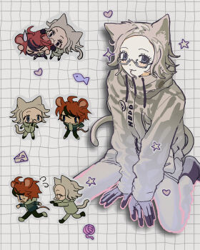 >_< 2boys :3 ahoge animal_ears aotsuki_eito between_legs black_gloves black_shoes black_streaks blue_eyes cat_boy cat_ears cat_tail chasing cheese chibi chibi_inset comedic_sweatdrop commentary_request fish flying_sweatdrops food glasses gloves grey_hair grey_jacket grid_background hand_between_legs heart highres hood hoodie jacket kemonomimi_mode looking_at_viewer male_focus mouse_boy mouse_ears mouse_tail multicolored_hair multiple_boys multiple_views nibbling pants red_hair running shoes short_hair sitting star_(symbol) streaked_hair sumino_takumi sweatdrop tail tami_tome_mo the_hundred_line_-last_defense_academy- two-tone_hair wariza white_background white_hoodie white_jacket white_pants yarn yarn_ball