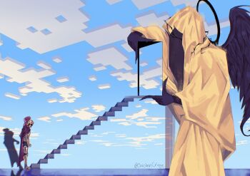 2others armor black_gloves black_wings chickencringe cloak cloud cloudy_sky commentary d3rlord3 door english_commentary faceless fake_sky feathered_wings full_body galea_helmet giant gloves halo highres hood hood_up hooded_cloak minecraft multiple_others red_cloak searching_for_a_world_that_doesn&#039;t_exist shadow size_difference sky stairs standing the_king_in_yellow_(searching_for_a_world_that_doesn&#039;t_exist) thorns wings