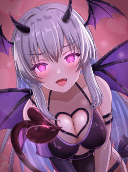 1girl bare_shoulders black_horns blush breasts cleavage cleavage_cutout clothing_cutout commentary_request demon_girl demon_horns demon_tail demon_wings fangs hair_between_eyes head_wings heart heart-shaped_pupils highres horns idoly_pride long_hair looking_at_viewer omoimochi open_mouth pink_eyes purple_wings small_horns solo symbol-shaped_pupils tail tendou_rui white_hair wings