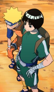 Rule 34 | 2boys, absurdres, backpack, bag, bandaged arm, bandaged hand, bandaged leg, bandages, black eyes, black hair, blonde hair, blue eyes, blue headband, blunt bangs, bowl cut, brown bag, cf nrt, facial mark, from above, frown, furrowed brow, green shirt, green shorts, hands on own hips, headband, highres, jacket, jumpsuit, konohagakure symbol, male focus, multiple boys, naruto (series), open-toe shoes, orange jacket, orange jumpsuit, orange pants, outdoors, pants, rock lee, shirt, short hair, shorts, smile, spiked hair, sweatdrop, thick eyebrows, uzumaki naruto, whisker markings