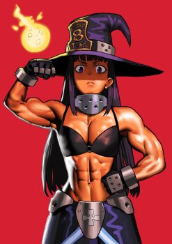 1girl abs biceps bikini bikini_top_only black_bikini black_gloves black_hair cessa cowboy_shot en&#039;en_no_shouboutai fire flexing gloves hand_on_own_hip hand_up highres long_hair looking_at_viewer maki_oze muscular muscular_female pyrokinesis red_background simple_background solo swimsuit veins