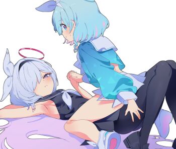 2girls absurdly_long_hair arm_behind_head arm_up armpits arona_(blue_archive) bare_legs black_hairband black_pantyhose black_sailor_collar black_serafuku black_shirt black_shoes black_skirt blue_archive blue_eyes blue_hair blue_halo blue_shirt blush bow_hairband braid breasts closed_mouth colored_inner_hair dot_nose girl_on_top grey_eyes hair_between_eyes hair_over_one_eye hair_ribbon hairband half-closed_eyes halo hand_on_another&#039;s_thigh highres holding_hands knees_together_feet_apart knees_up legs loli long_hair long_sleeves looking_at_viewer looking_back lying miniskirt multicolored_hair multiple_girls neckerchief on_back one_eye_covered pantyhose pink_hair pink_pupils plana_(blue_archive) pleated_skirt puffy_long_sleeves puffy_sleeves red_halo ribbon sailor_collar school_uniform serafuku shirt shoes short_hair side_braid simple_background single_braid skirt sleeveless sleeveless_shirt small_breasts smile split_mouth sweatdrop take_your_pick tanghulu_(bbbb1123112) thighs very_long_hair white_background white_hair white_hairband white_neckerchief white_ribbon white_sailor_collar white_shoes white_skirt