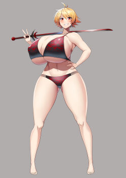 1girl ahoge bikini blonde_hair borrowed_character breasts daien female_focus full_body grey_background grin hand_on_own_hip holding holding_sword holding_weapon huge_breasts looking_at_viewer navel original over_shoulder red_bikini short_hair smile solo standing swimsuit sword thick_thighs thighs underboob weapon weapon_over_shoulder
