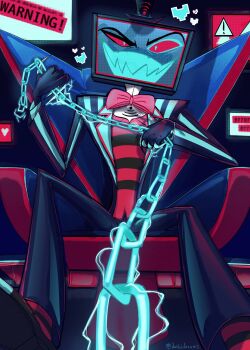 Rule 34 | 1boy, black hat, black pants, blue chain, blue suit, blue teeth, bow, bowtie, chair, cocked eyebrow, colored teeth, commentary, dustiidreams, english commentary, english text, error message, flat screen tv, formal clothes, full body, grin, hat, hazbin hotel, heart, hellaverse, highres, leash, male focus, non-web source, object head, on chair, pants, pixel heart, pov, raised eyebrow, red bow, red bowtie, red eyes, red shirt, sharp teeth, shirt, sign, sitting, smile, solo, spread legs, suit, symbol-shaped pupils, teeth, television, top hat, triangle-shaped pupils, twitter username, viewer on leash, vox (hazbin hotel), warning sign, wi-fi symbol