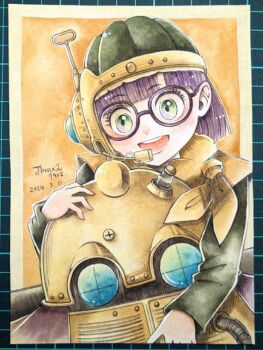 1boy 1girl chrono_trigger dated glasses green_eyes helmet jhon_jhon lucca_ashtear open_mouth purple_hair robo_(chrono_trigger) robot round_eyewear scarf short_hair smile traditional_media