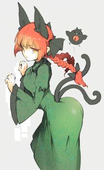 1girl absurdres animal_ears ass braid breasts cat_ears cat_girl cat_tail commentary dress extra_ears from_side green_dress grey_background highres ichizen_(o_tori) juliet_sleeves kaenbyou_rin long_hair long_sleeves looking_at_viewer multiple_tails one-hour_drawing_challenge orange_eyes puffy_sleeves red_hair reiuji_utsuho reiuji_utsuho_(bird) side_braids simple_background tail touhou twin_braids two_tails wide_sleeves