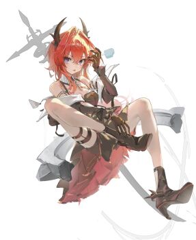 Rule 34 | 1girl, absurdres, arknights, arknights: endfield, black boots, black dress, black gloves, boots, breasts, chinese commentary, cleavage, colored petticoat, commentary, detached sleeves, dress, gloves, hair between eyes, high heel boots, high heels, highres, horns, laevatain (arknights), large breasts, long hair, looking at another, purple eyes, red hair, sidelocks, solo, surtr (arknights), sword, sword on back, thigh strap, weapon, weapon on back, xue ni guai