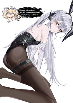 2girls :o absurdres anger_vein animal_ears ass black_leotard blonde_hair blush breasts centaureissi_(neural_cloud) chibi clotho_(neural_cloud) commentary_request elbow_gloves false_smile from_side full_body g36_(girls&#039;_frontline) german_text girls&#039;_frontline girls&#039;_frontline_neural_cloud gloves hair_between_eyes highres kneeling kuzumotsu leaning_forward leotard long_hair looking_at_viewer looking_back maid_headdress medium_breasts multiple_girls pantyhose playboy_bunny rabbit_ears shaded_face skin_tight smile solo_focus strapless strapless_leotard thigh_strap thighs threat twintails very_long_hair white_gloves white_hair yellow_eyes