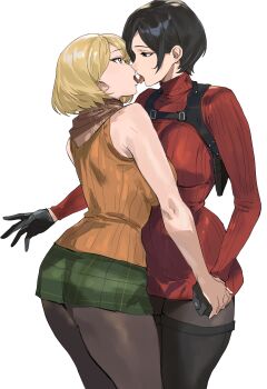 2girls absurdres ada_wong ashley_graham black_eyes black_gloves black_hair blonde_hair breasts chest_harness french_kiss gloves grey_eyes harness highres holster kiss large_breasts multiple_girls orange_sweater pantyhose red_sweater resident_evil resident_evil_4 scarf short_hair sketch skirt sleeveless sleeveless_sweater sweater taiyang_yu thighhighs tongue tongue_out turtleneck turtleneck_sweater wide_hips yuri