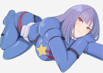 1girl blue_bodysuit bodysuit breasts commentary_request gundam gundam_zz highres konishiki_(52siki) large_breasts long_hair looking_up lying purple_hair red_eyes roux_louka smile solo white_background