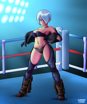 1girl angel_(kof) blue_eyes boots breasts female_focus gloves hands_up huge_breasts jacket jarckius jewelry large_breasts leather open_clothes ring short_hair smile smiley_face stage standing the_king_of_fighters undressing white_hair
