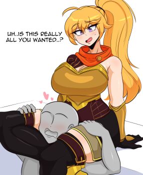 1girl 1other blonde_hair breasts femdom head_between_thighs kinathefox large_breasts ponytail rwby scissorhold yang_xiao_long