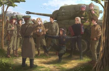 6+boys 6+girls absurdres accordion ammunition_pouch black_boots black_jacket blonde_hair blue_eyes blue_sky bomber_jacket boots brown_boots brown_coat brown_eyes brown_hair brown_hat brown_jacket cigarette clara_(girls_und_panzer) cloud coat combat_helmet commentary cossack_dance cup curtained_hair dancing drinking_glass english_commentary freckles fur_hat garrison_cap girls_und_panzer green_hat green_jacket green_pants gun hat helmet highres holding holding_cigarette holding_cup instrument jacket kay_(girls_und_panzer) kepincox long_hair long_sleeves m1_garand m26_pershing medal medium_hair military military_combat_uniform military_rank_insignia military_uniform military_vehicle motor_vehicle multiple_boys multiple_girls naomi_(girls_und_panzer) open_mouth original pants patch peaked_cap pink_eyes pink_hair playing_instrument pouch red_hair rifle short_hair shoulder_boards shoulder_patch sidelocks sky smile smoking soviet_army standing t-34 t-34-85 tank unit_patch united_states_army ushanka very_short_hair weapon white_hat world_war_ii