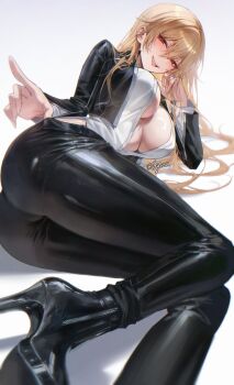 1girl absurdres black_jacket blonde_hair breasts casual fate/stay_night fate_(series) genderswap gilgamesh_(fate) gilgamesh_(immoral_biker_jacket)_(fate) highres jacket large_breasts official_alternate_costume open_clothes open_jacket open_shirt rijjin